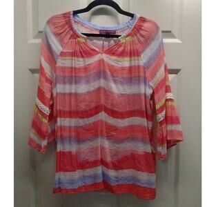 Eight Clovers Women's Size Medium Colorful Striped Bell Sleeve Split Neck Top